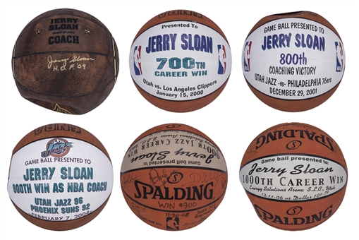 Lot of (6) Jerry Sloan Career Milestone Basketball Including 700th, 800th, 900th, and 1000th Career Wins Game Balls (JSA Auction LOA)